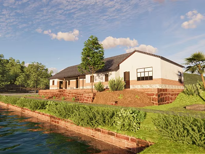 House with white roof and brown walls by lake with lawn trees and brick steps 3d model