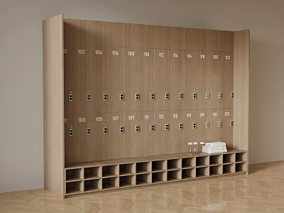 Modern Wooden Locker Cabinet With Numbered Compartments Hooks And Storage Shelves 3d model