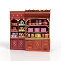 Red Retail Display Shelf With Multiple Layers And Canned Goods Stacked Boxes