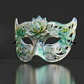 Decorative Green And White Mask With Lotus Flower Center And Intricate Scroll Patterns