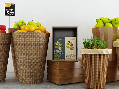 Woven Storage Baskets Display with Fruits Price Tag Green Plant and Wooden Box 3d model