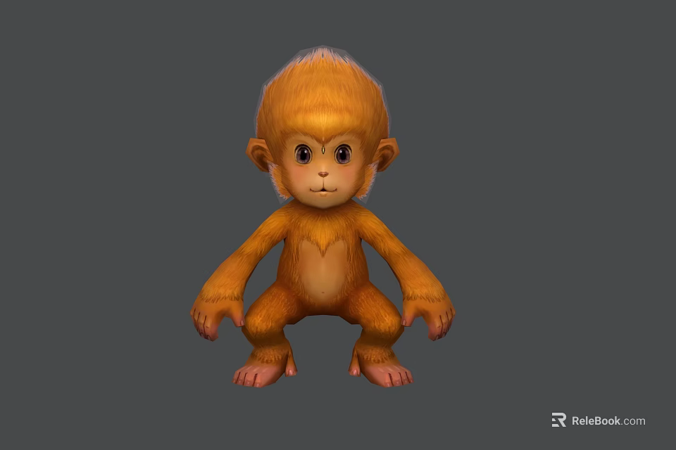 Cute 3D Cartoon Monkey Character with Orange Fur Squatting on Gray Background 3d model 
