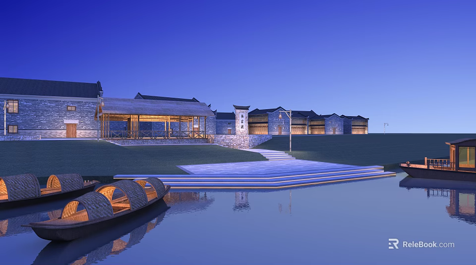 Twilight Scenic Landscape With Traditional Buildings Wooden Boats And Water Reflection 3d model 