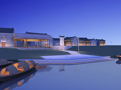 Twilight Scenic Landscape With Traditional Buildings Wooden Boats And Water Reflection 3d model