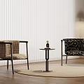 Stylish Accent Chairs With Woven And Patterned Fabric By Small Round Table On Wooden Floor