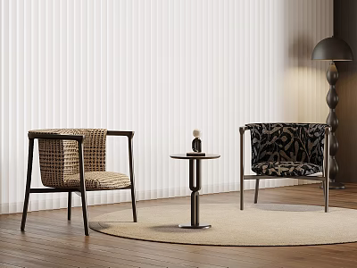 Stylish Accent Chairs With Woven And Patterned Fabric By Small Round Table On Wooden Floor 3d model