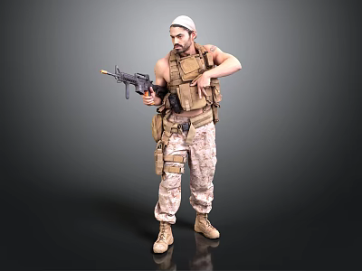 Military Style Armed Man In Tactical Vest Camouflage Pants Holding Rifle With White Headscarf Standing Pose 3d model