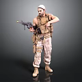 Military Style Armed Man In Tactical Vest Camouflage Pants Holding Rifle With White Headscarf Standing Pose