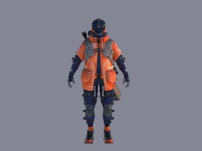 Creature Character Wearing Orange Dark Blue Tactical Gear Helmet Backpack Knee Pads Standing 3d model