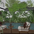 Modern Courtyard Landscape Design With Private Swimming Pool Cozy Outdoor Seats And Lush Tropical Greenery