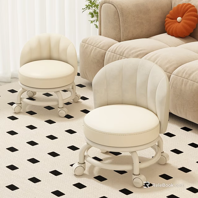Cream Upholstered Stools With Wheels In Living Room Near Beige Sofa 3d model 