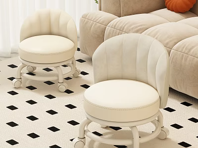 Cream Upholstered Stools With Wheels In Living Room Near Beige Sofa 3d model