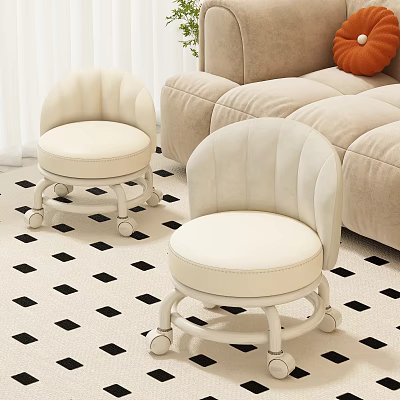 Cream Upholstered Stools With Wheels In Living Room Near Beige Sofa 3d model