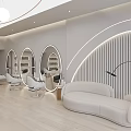 Modern Hair Salon Interior With Backlit Round Mirrors And Comfortable White Gray Chairs