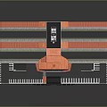 Orange And White Toll Plaza With Car Passing Through Multiple Lanes And Parking Area