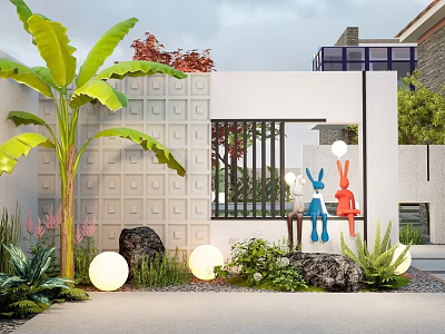 Modern Garden Landscape with White Geometric Wall Banana Tree Rabbit Sculptures and Round Glowing Lights 3d model