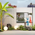 Modern Garden Landscape with White Geometric Wall Banana Tree Rabbit Sculptures and Round Glowing Lights