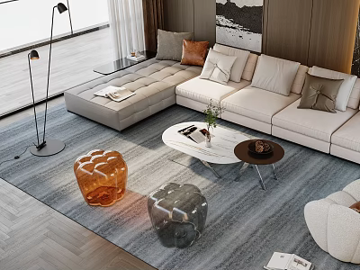 Modern Beige L shaped Sofa and Coffee Table Set with White Marble Top and Glass Stools 3d model