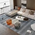 Modern Beige L shaped Sofa and Coffee Table Set with White Marble Top and Glass Stools