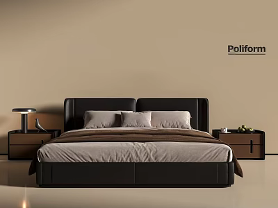 Double Bed with Black Headboard Neutral Bedding and Nightstands Including Table Lamp and Fruits 3d model