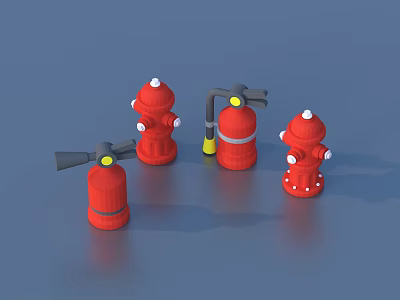 Red Fire Hydrants And Fire Extinguishers 3D Rendering On Blue Background 3d model