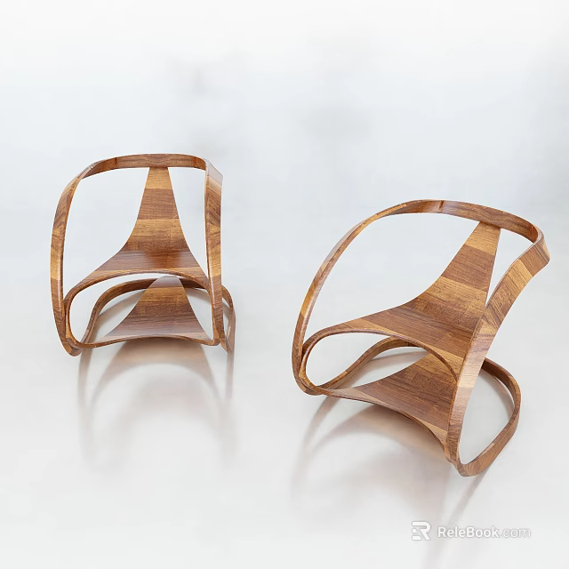 Wooden Leisure Chairs With Curved Open Structure And Modern Minimalist Design 3d model 