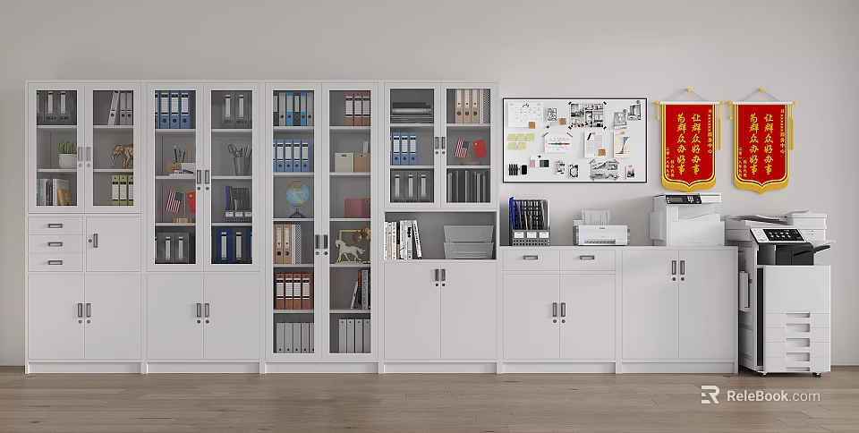 White Modern Office Bookcase With Glass Doors Files Books And Storage Compartments 3d model 