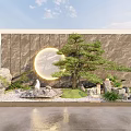 Natural Stone Feature Wall With Circular Light Pine Tree And Decorative Rocks 3d model