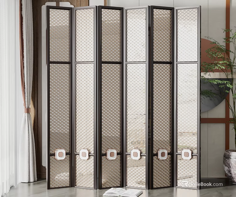 Modern Room Divider With Black Frame Grid Pattern And White Circular Accents In Interior Space 3d model