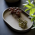 Deep red and light green grapes on oval shallow plate with green leaves beside