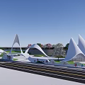 Scenic Park Landscape with Winding Pathways Green Slopes Colorful Trees and White Architectural Structures
