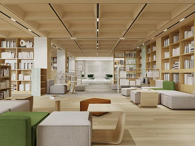 Book Art Library Interior with Wooden Bookshelves Comfortable Sofas and Spacious Seating Areas 3d model