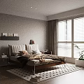 Modern Bedroom Interior With Wooden Bed Pillows Blinds Rug And Decorative Plants