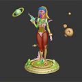 3D Sci Fi Female Character Holding Gun With Colorful Floating Planets And Orbs