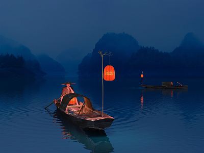 New Chinese Night Scene River Night Fishing model