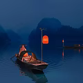 Twilight Lake Scene With Small Boat Red Lantern And Distant Misty Mountains