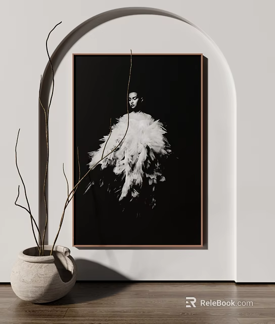 Black and White Portrait Painting with Feather Decorated Clothing on Wall Near Dried Branches Vase 3d model 