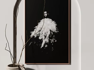 Black and White Portrait Painting with Feather Decorated Clothing on Wall Near Dried Branches Vase 3d model