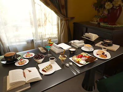 Assorted Food Plates On Dining Table With Open Books Coffee Cups And Fruits 3d model