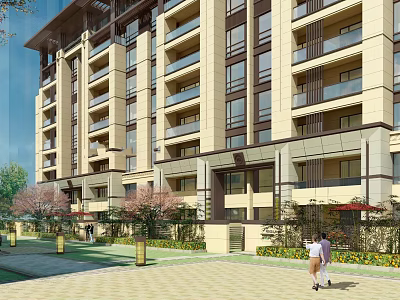Modern High Rise Residential Building Exterior With Balconies And Pedestrians On Walkway 3d model