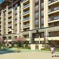 Modern High Rise Residential Building Exterior With Balconies And Pedestrians On Walkway