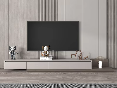 Minimalist TV Cabinet with TV and Decorative Ornaments in Modern Living Room 3d model