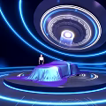 Futuristic Showroom Interior With Blue Circular Lighting And Covered Car On Platform