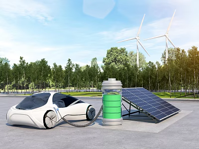 Electric Car Charging at Station with Solar Panel and Wind Turbines in Green Area 3d model