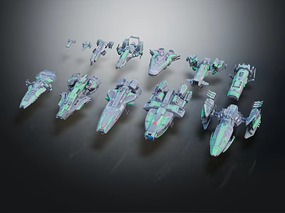 Futuristic Spaceships With Multiple Designs And Metallic Green Accents On Dark Reflective Background 3d model