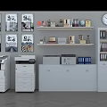 White Office Bookcase With Books Trophy Globe Folders Printer And Decorative Paintings