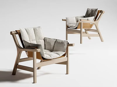 Two Minimalist Modern Leisure Chairs With Wooden Frame And Light Gray Cushions 3d model