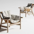Two Minimalist Modern Leisure Chairs With Wooden Frame And Light Gray Cushions