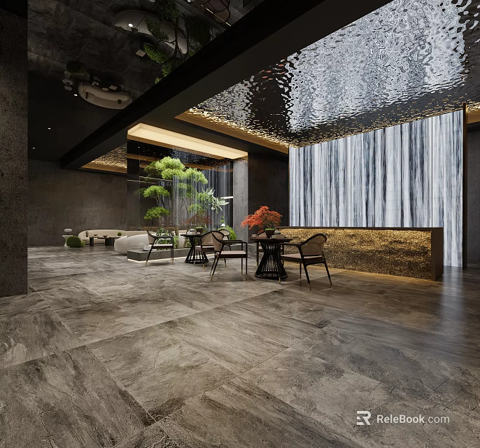 Modern Luxury Clubhouse Interior With Water-like Ceiling Wooden Accents Green Plants And Gray Stone Flooring 3d model 