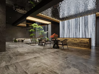 Modern Luxury Clubhouse Interior With Water-like Ceiling Wooden Accents Green Plants And Gray Stone Flooring 3d model